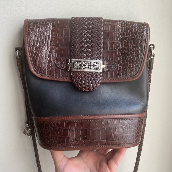 Vintage Brighton Cheryl Crossbody Leather Bag Alligator Embossed Black Brown 90s - Picture 2 of 11